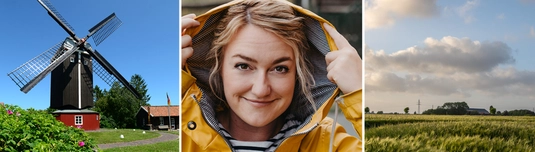 Landschaft, Frau in gelber Regenjacke