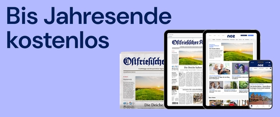 Abbildung der gedruckten Zeitung und der digitalen Produkte des Ostfriesischen Kuriers mit der Überschrift "Bis Jahresende kostenlos"