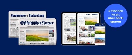 dunkelblauer Hintergrund mit den digitalen Geräten des Ostfriesischen Kuriers und einem Störer mit dem Text "4 Wochen für effektiv 0€"
