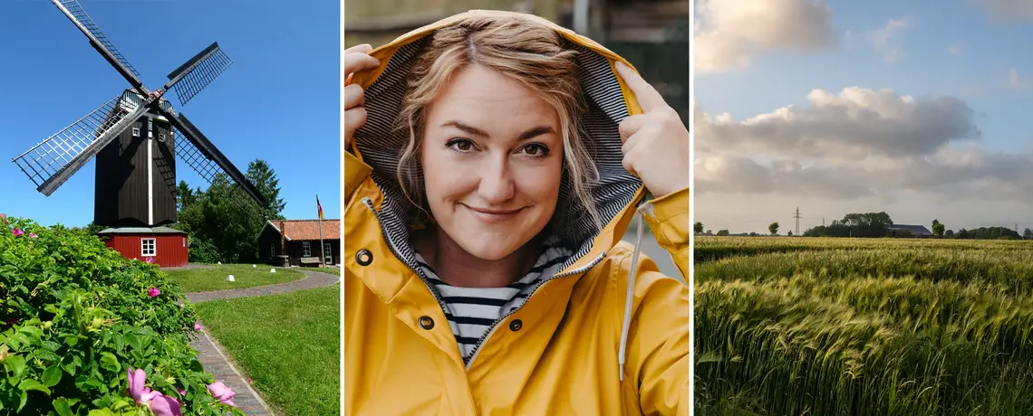 Abbildung zeigt drei Bilder. Ein Bild von einer Windmühle, daneben ein Bild von einer Frau in einer Regenjacke und ein Bild von einem Feld.